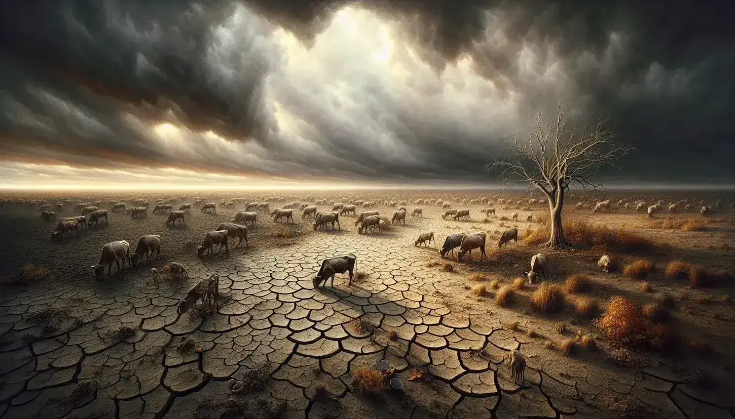Barren field with cracked soil and a solitary leafless tree under a gloomy sky, emaciated cows forage for food, depicting severe drought conditions.