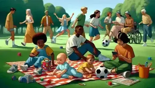Grupo diverso de personas disfrutando de un día soleado en el parque, con bebé en manta, niña con juguete, chico corriendo, adolescente con móvil y adulto jugando al fútbol.