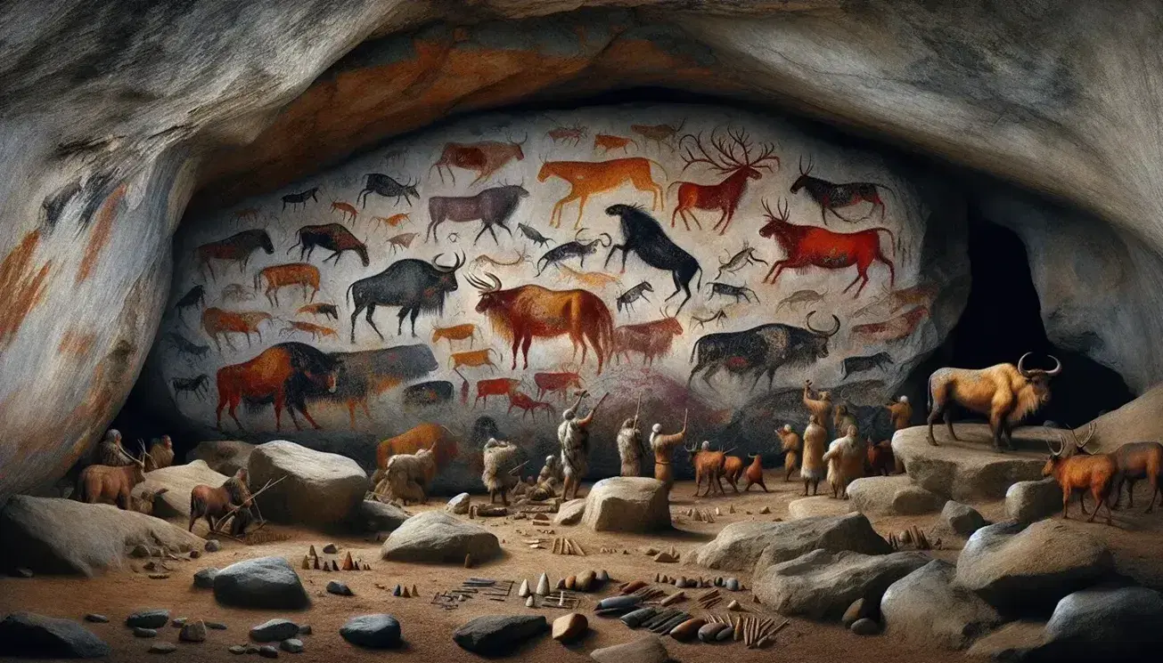 Scena preistorica con pitture rupestri di bisonti, cavalli e cervi su parete di caverna, uomini in pelli che dipingono e strumenti litici al suolo.