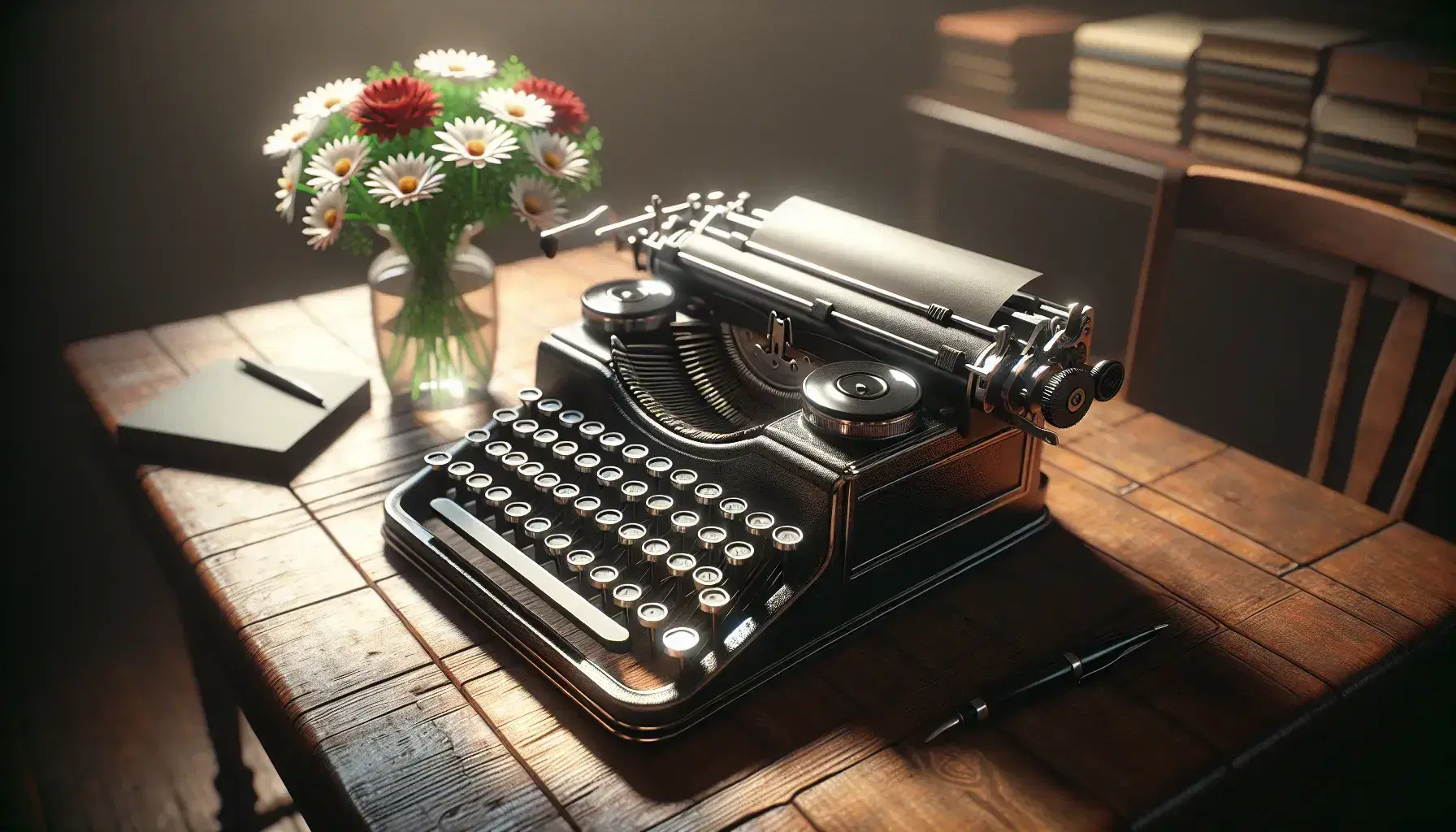 Vintage black typewriter on a dark wooden desk with a glass vase of white daisies and red tulips in the background, in a softly lit room.