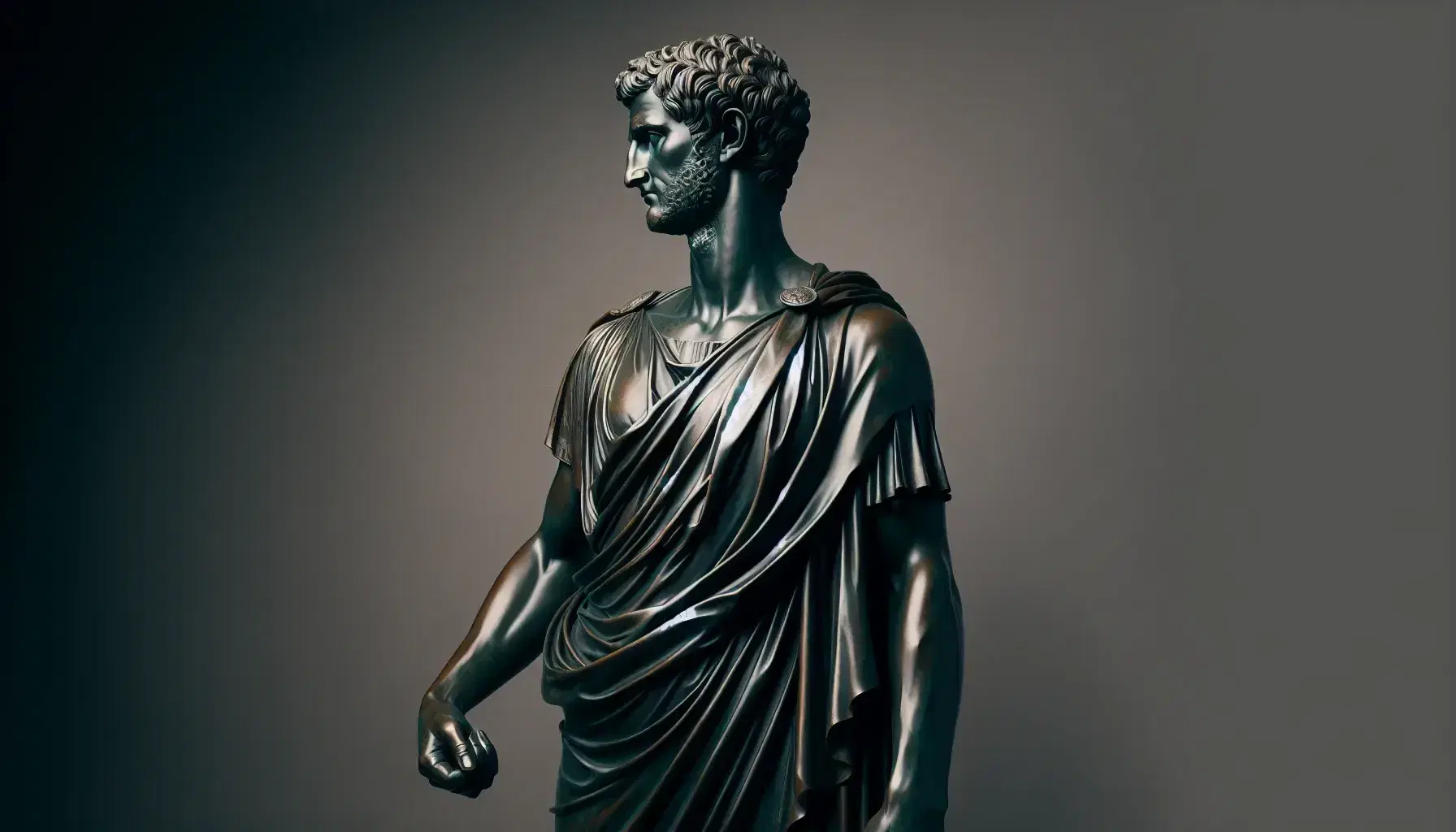 Statua in bronzo di figura storica in toga con mano destra alzata e sguardo pensieroso, su piedistallo grigio, sfondo sfocato verde-marrone.