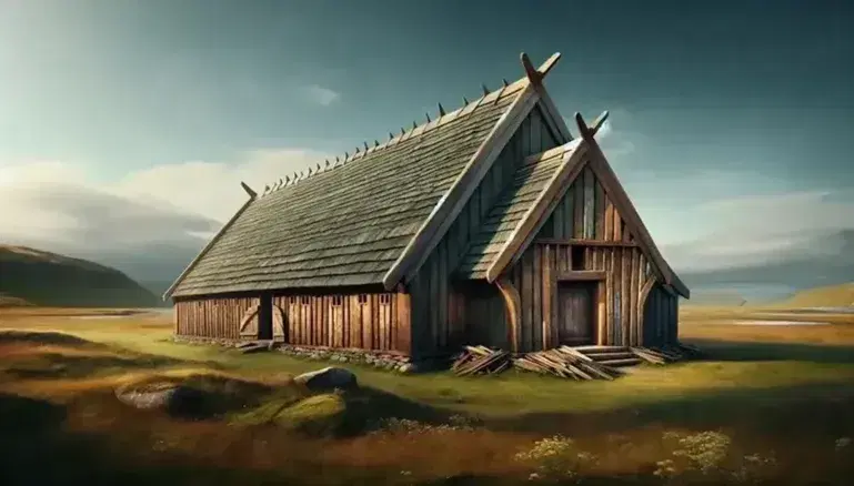 Well-preserved Viking longhouse with steeply pitched roof and dark wooden walls, set against a clear blue sky in a grassy landscape with wildflowers.