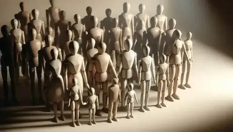 Figuras humanas de madera sin rostro representando una familia, con adultos y niños tomados de la mano y una figura aislada al fondo.