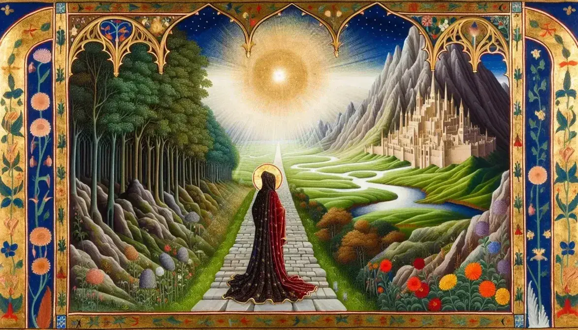Figura en túnica roja con bordes dorados en sendero medieval, flanqueado por árboles otoñales y río, con montaña y ciudad amurallada al fondo bajo cielo azul.