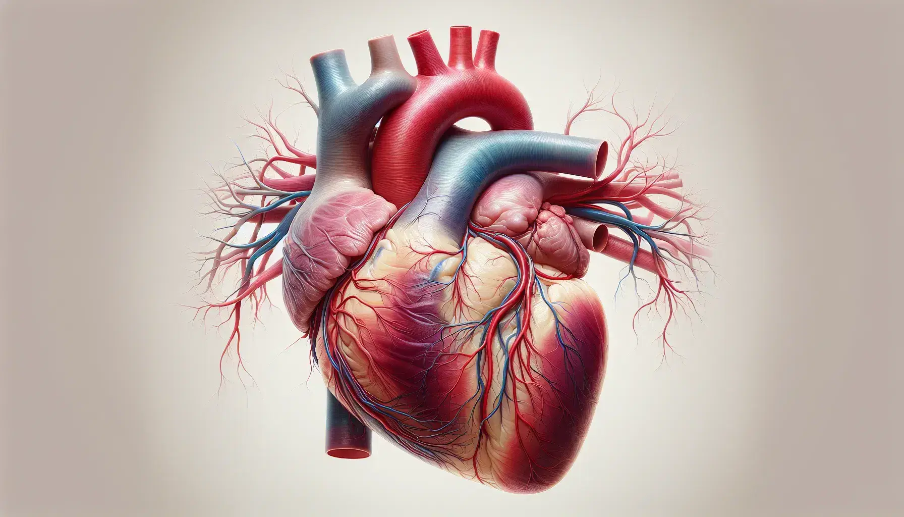 Vista anatómica detallada del corazón humano con cámaras, válvulas y arterias coronarias visibles, rodeado por una caja torácica translúcida.
