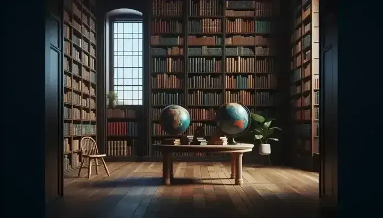 Biblioteca acogedora con estantes de madera oscura llenos de libros coloridos, mesa con globo terráqueo y planta verde, bajo la luz natural de una ventana.