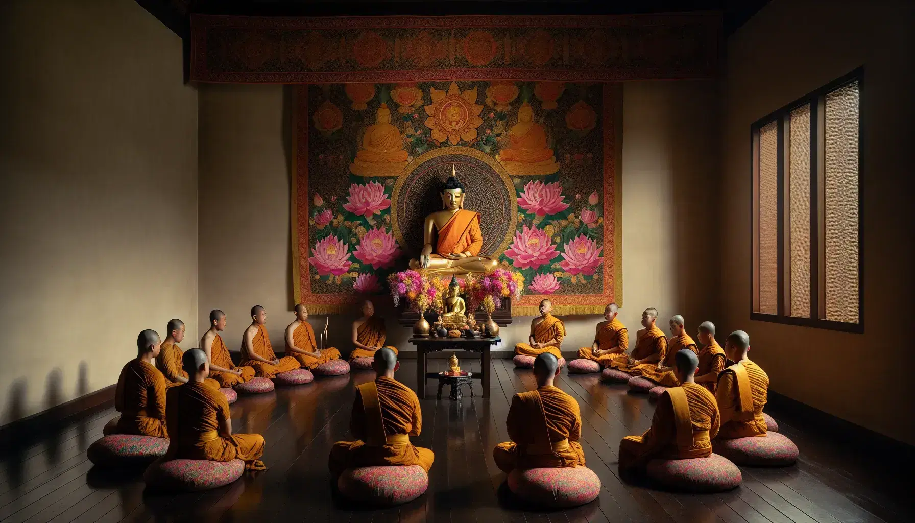 Monaci buddisti in meditazione su cuscini, con statua di Buddha e offerte floreali su tavolo, in ambiente sereno.