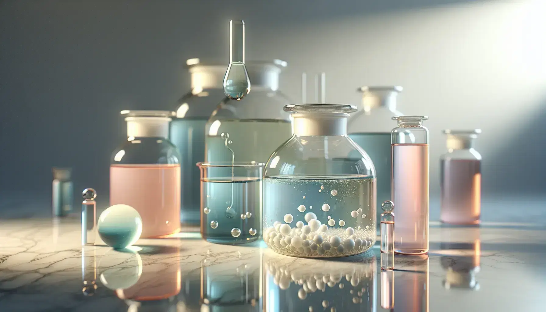 Frascos de vidrio transparentes con líquidos de colores en superficie de mármol, destacando una emulsión azul y amarilla con partículas blancas.