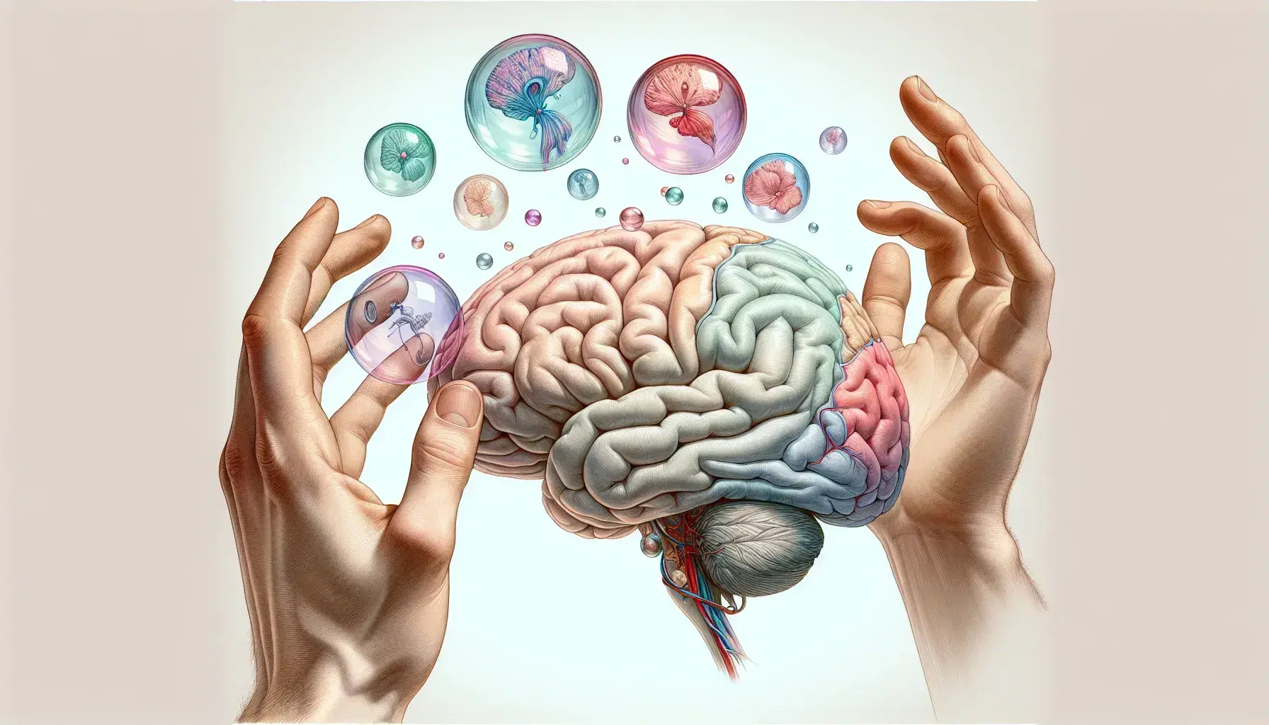 Sezione sagittale dettagliata di un cervello umano con figure traslucide fluttuanti e mano che si estende verso di esse su sfondo neutro.