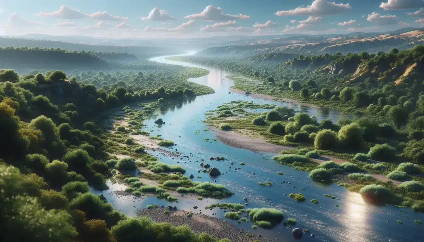 Río serpenteante fluyendo entre vegetación frondosa y colinas suaves bajo un cielo azul con nubes dispersas, reflejando la luz del sol sin señales de actividad humana.