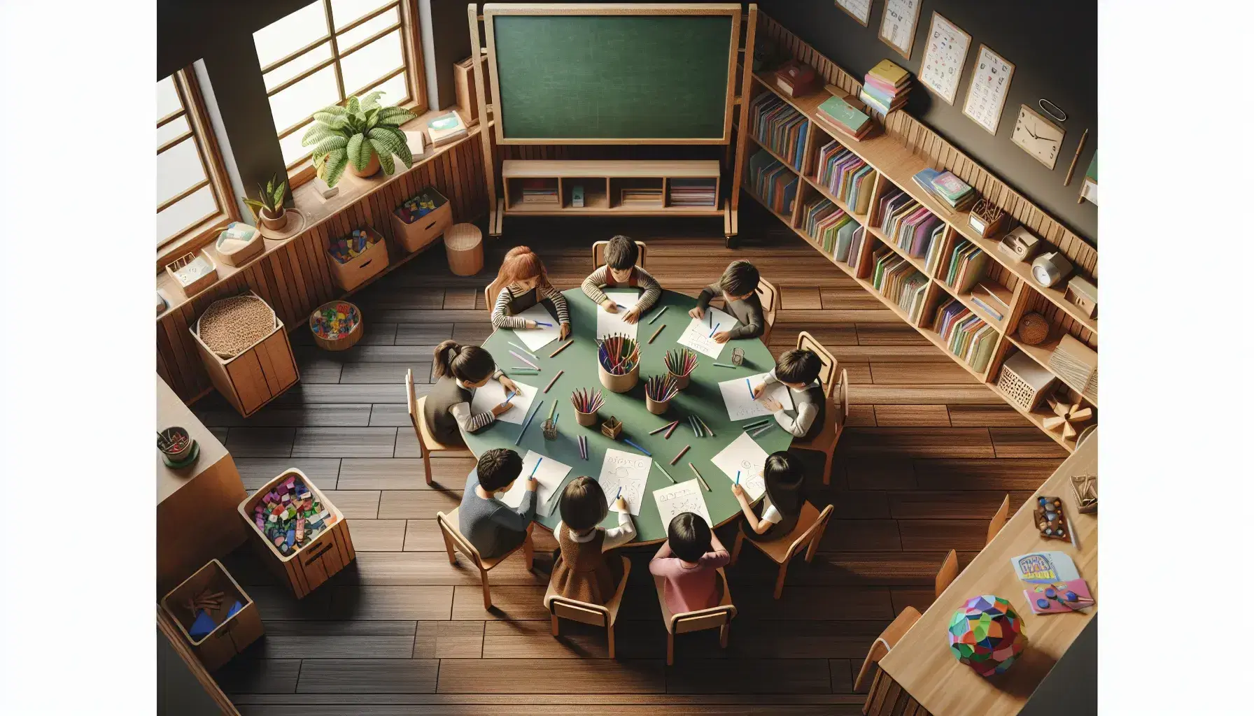 Aula de primaria con niños concentrados en actividad grupal, mesa redonda con papeles y lápices de colores, pizarra verde y estantes con libros.