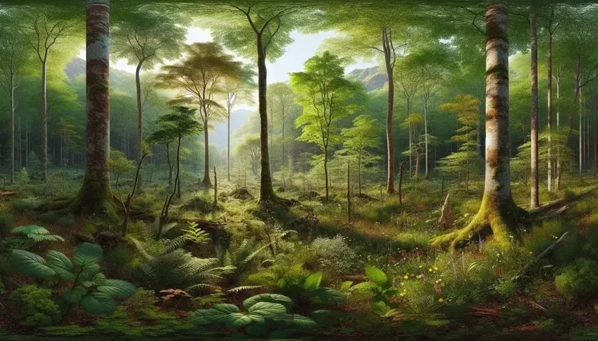 Bosque denso con árboles de troncos gruesos y follaje verde intenso, claros con flores silvestres coloridas y un pequeño mamífero entre la vegetación, con montañas al fondo bajo un cielo azul.