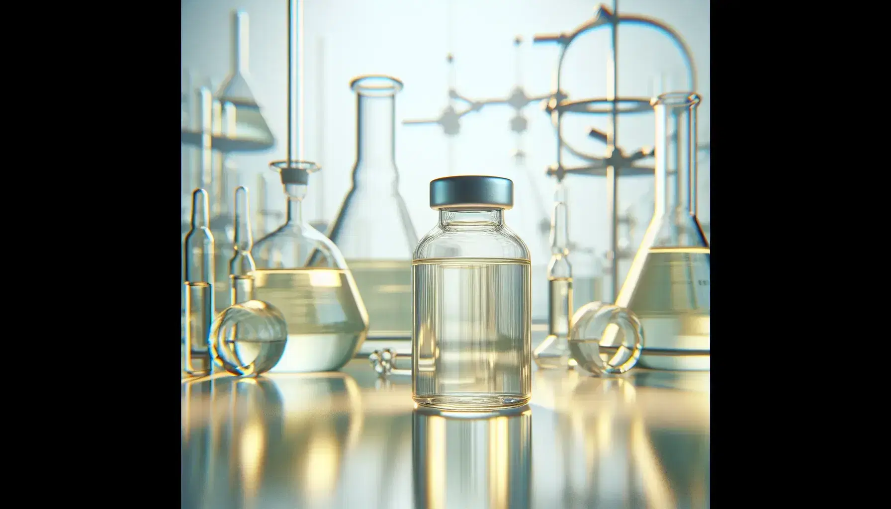 Glass vial with pure thiocene pale yellow liquid on reflective surface with blurred organic laboratory glassware in the background.