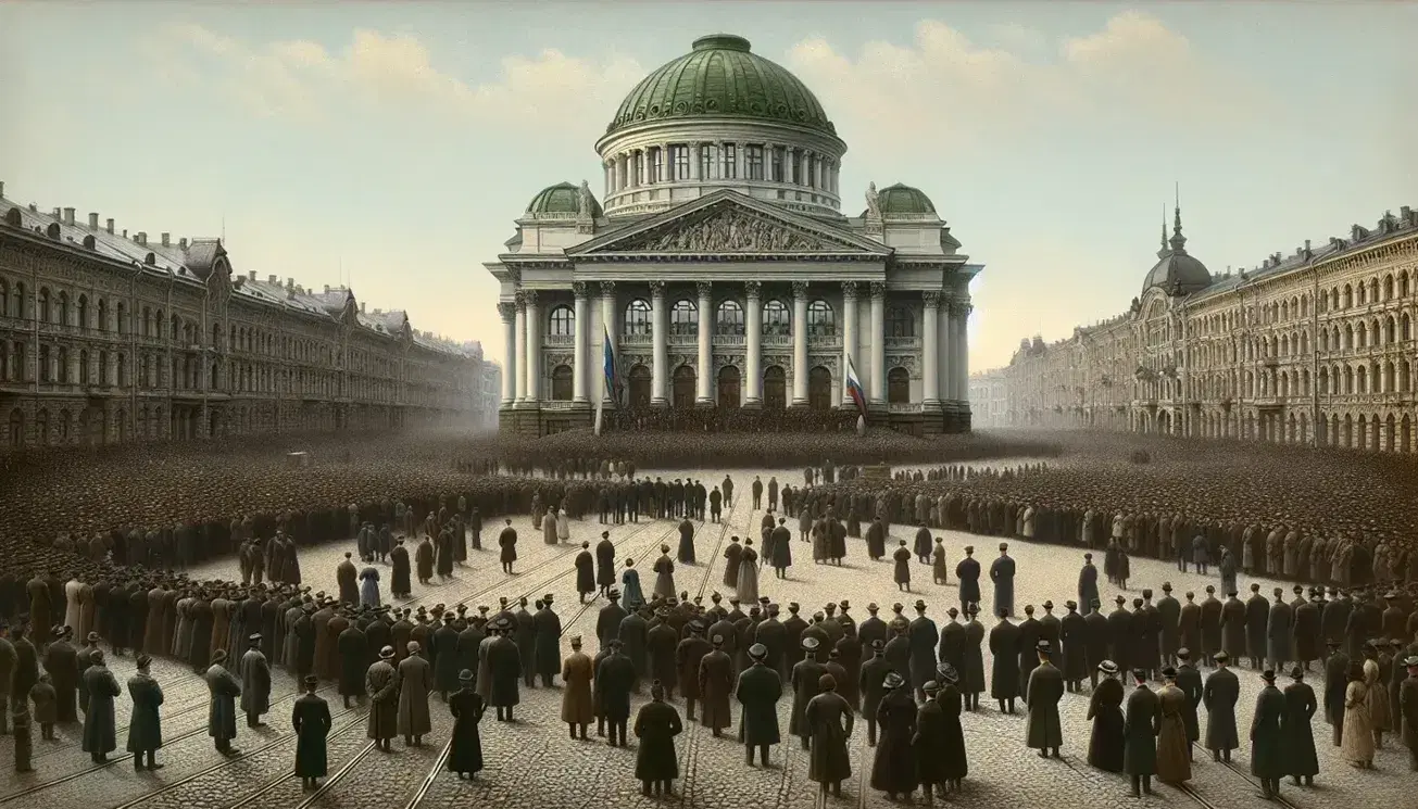 Multitud en plaza urbana con edificio clásico de columnas y cúpula verde por oxidación, gente con vestimenta de principios del siglo XX y tranvías.