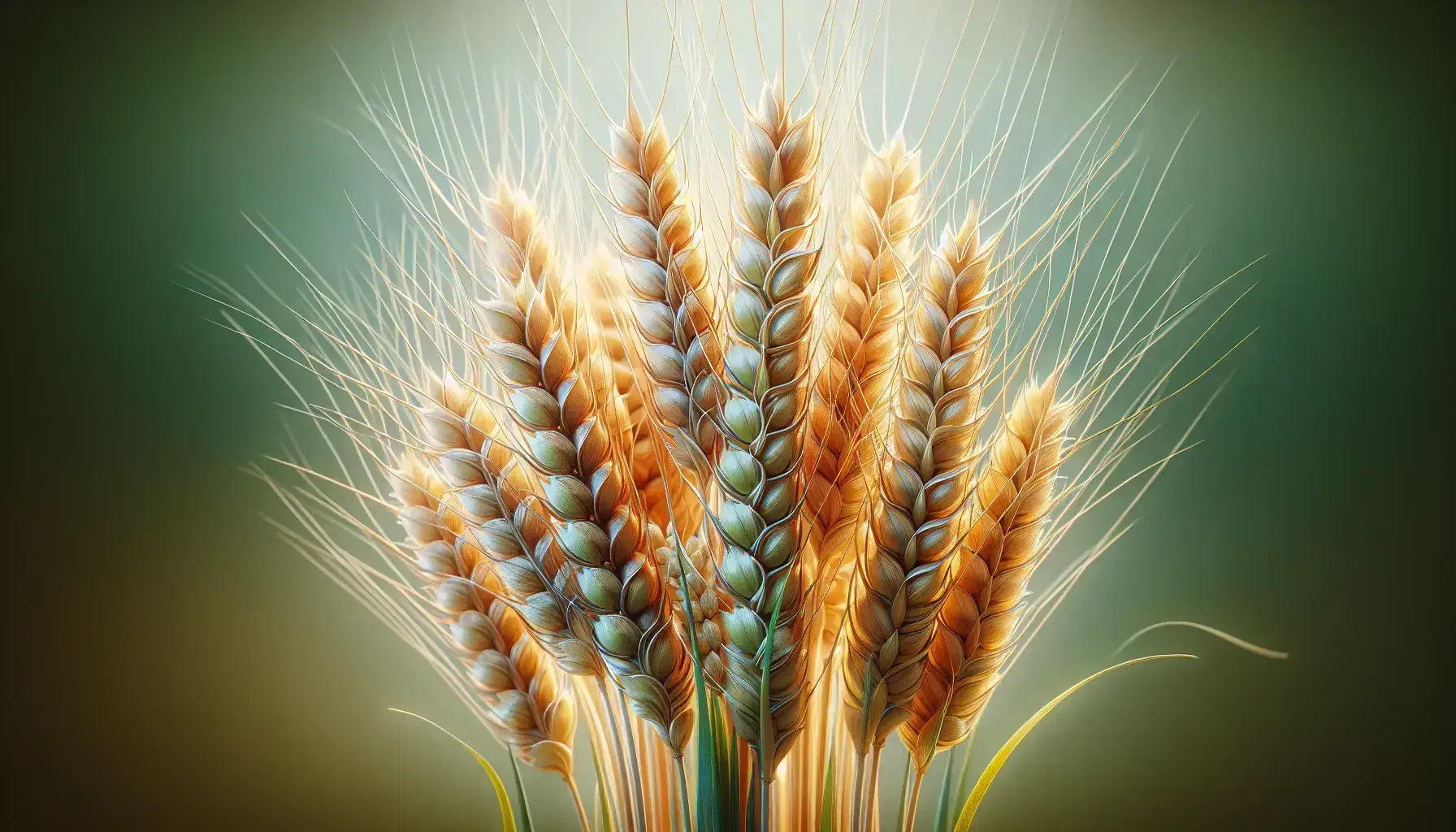 Close-up of ripe golden-yellow wheat stalks with full seed heads against a soft green background, highlighting the natural texture and colors.