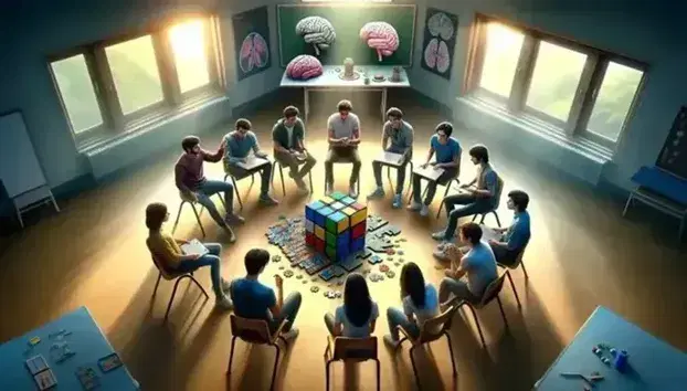 Studenti interagiscono in classe con modelli didattici come cubo di Rubik, puzzle e cervello anatomico, in un ambiente luminoso.