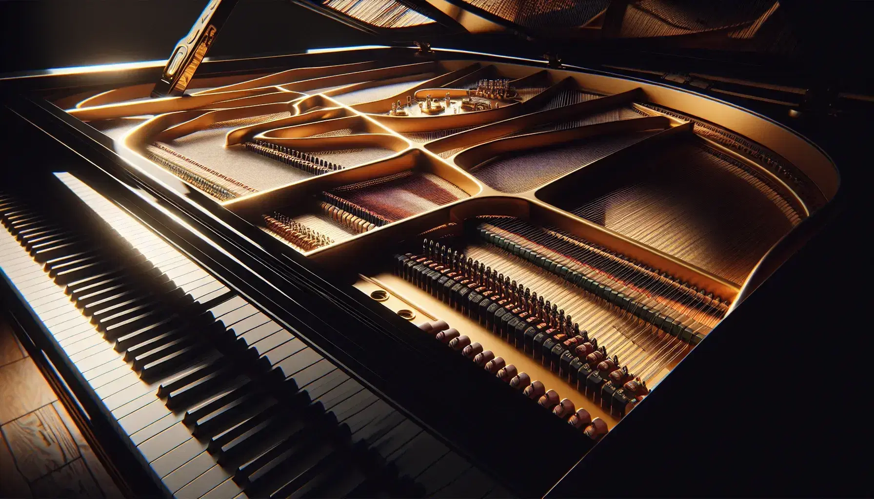 Primer plano de un piano de cola con tapa abierta mostrando cuerdas doradas y mecanismo de martillos, teclas blancas y negras pulidas y madera interior brillante.