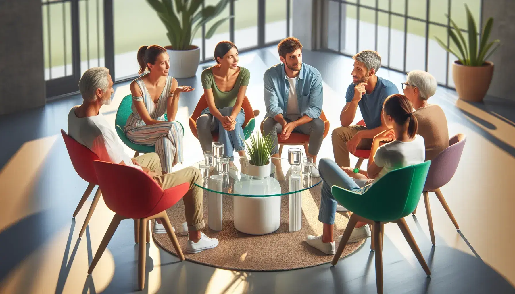 Gruppo di cinque persone in conversazione sedute in cerchio su sedie colorate con tavolo in vetro e pianta verde.