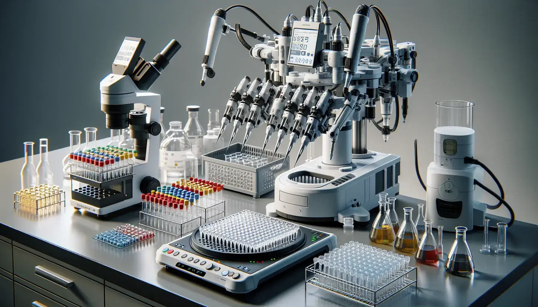 High-precision pipetting robot operating over a microtiter plate, with a microscope, colorful-capped vials, and a centrifuge on a lab bench, as hands handle test tubes.