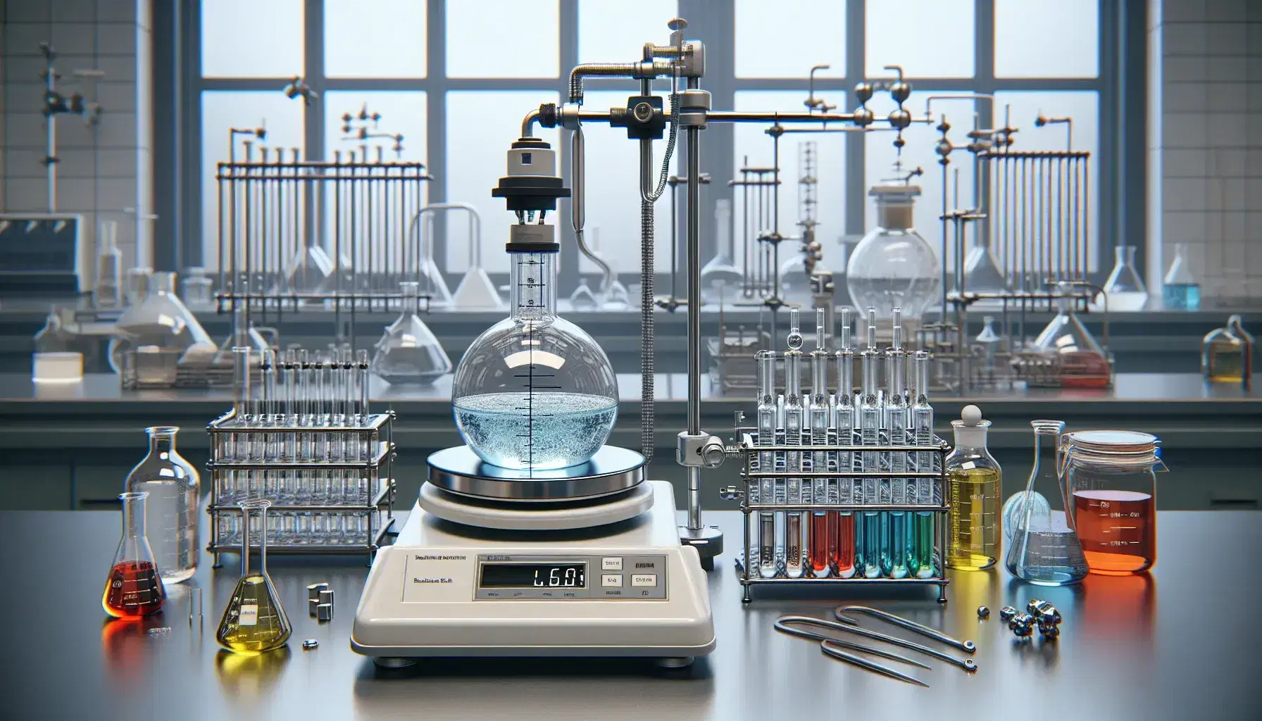 Laboratorio de química con balanza analítica, calorímetro de bomba y mechero Bunsen, junto a frascos de reactivos de colores en un ambiente controlado.