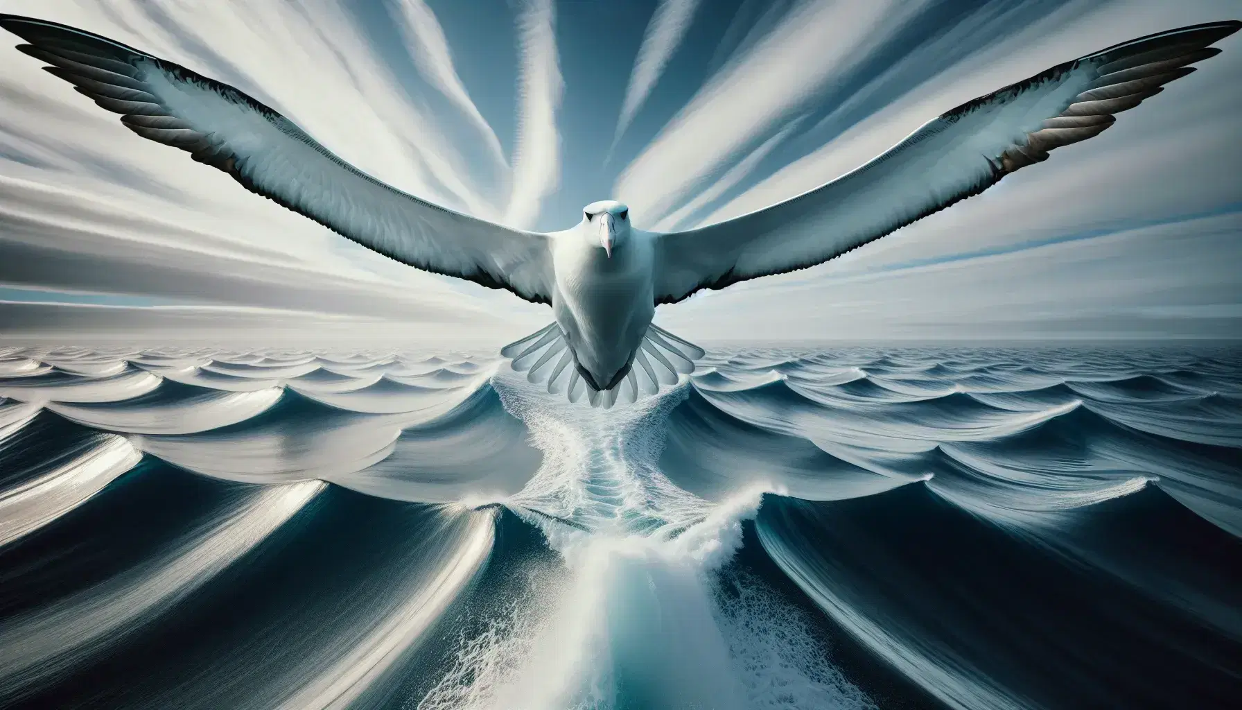 Albatro in volo con ali spiegate sopra l'oceano, piumaggio bianco e grigio, becco aperto e sguardo attento.
