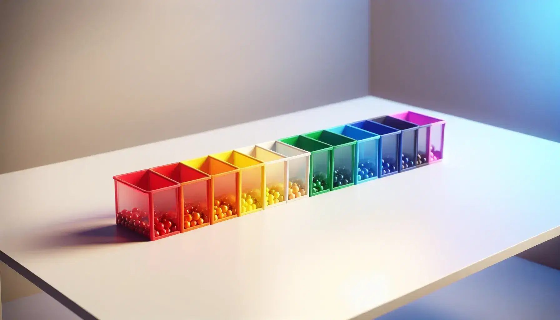 Set of colorful plastic containers with balls of the same color inside, arranged in a row on a white table with a neutral background.