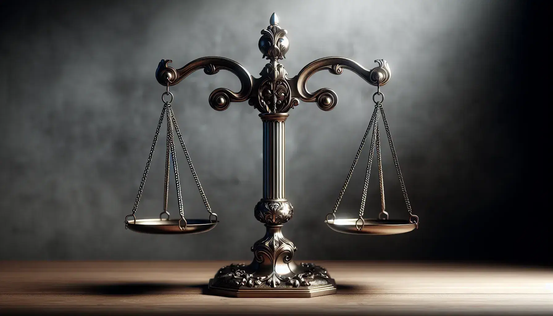 Balanza de justicia clásica equilibrada, de metal brillante, con fondo desenfocado de pared de piedra, iluminación suave y composición simétrica.