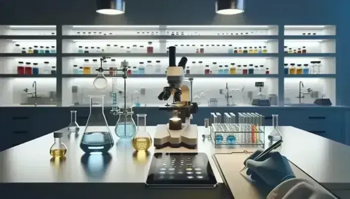 Laboratorio científico moderno con mesa de trabajo, matraces de Erlenmeyer con líquidos de colores, microscopio y científico anotando datos en una tableta digital.