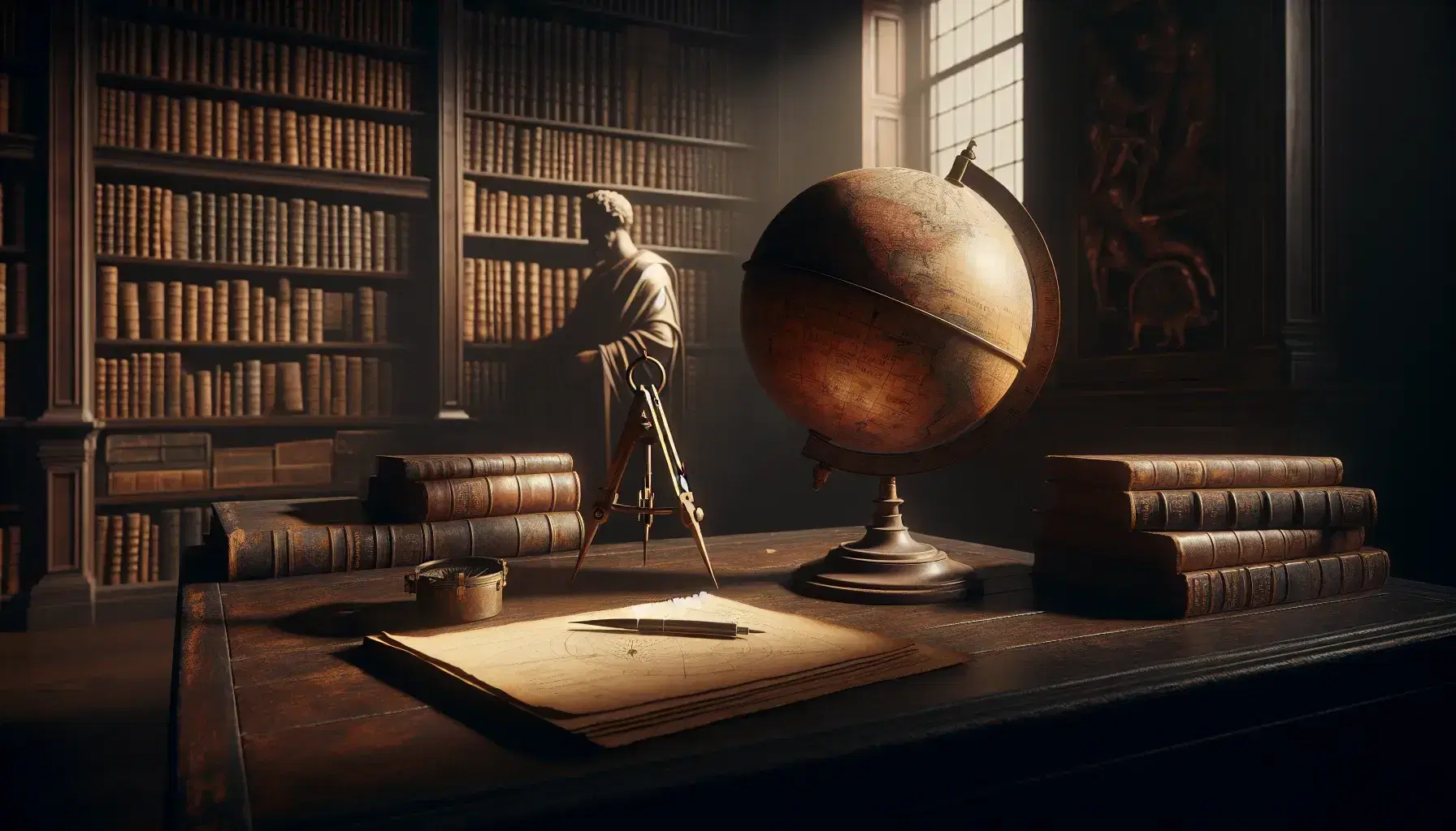 Biblioteca antigua con estantes de madera oscuros llenos de libros encuadernados en cuero, mesa con globo terráqueo desgastado y compás sobre papel, luz tenue y figura humana con esfera armilar al fondo.