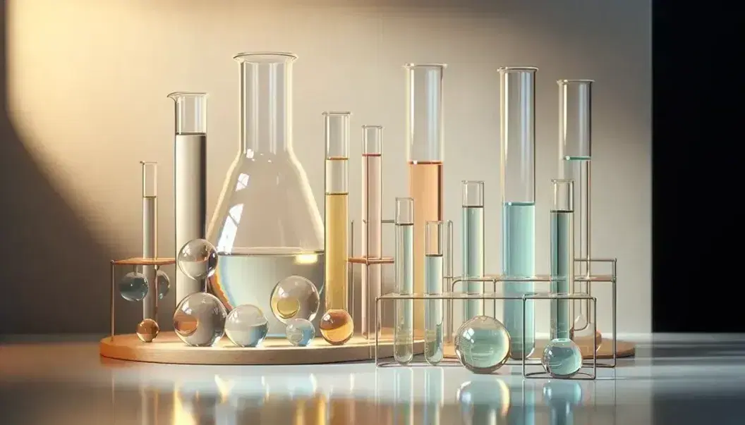 Tubos de ensayo de vidrio con líquidos de colores sobre superficie blanca, junto a matraz Erlenmeyer y soporte de madera en laboratorio.