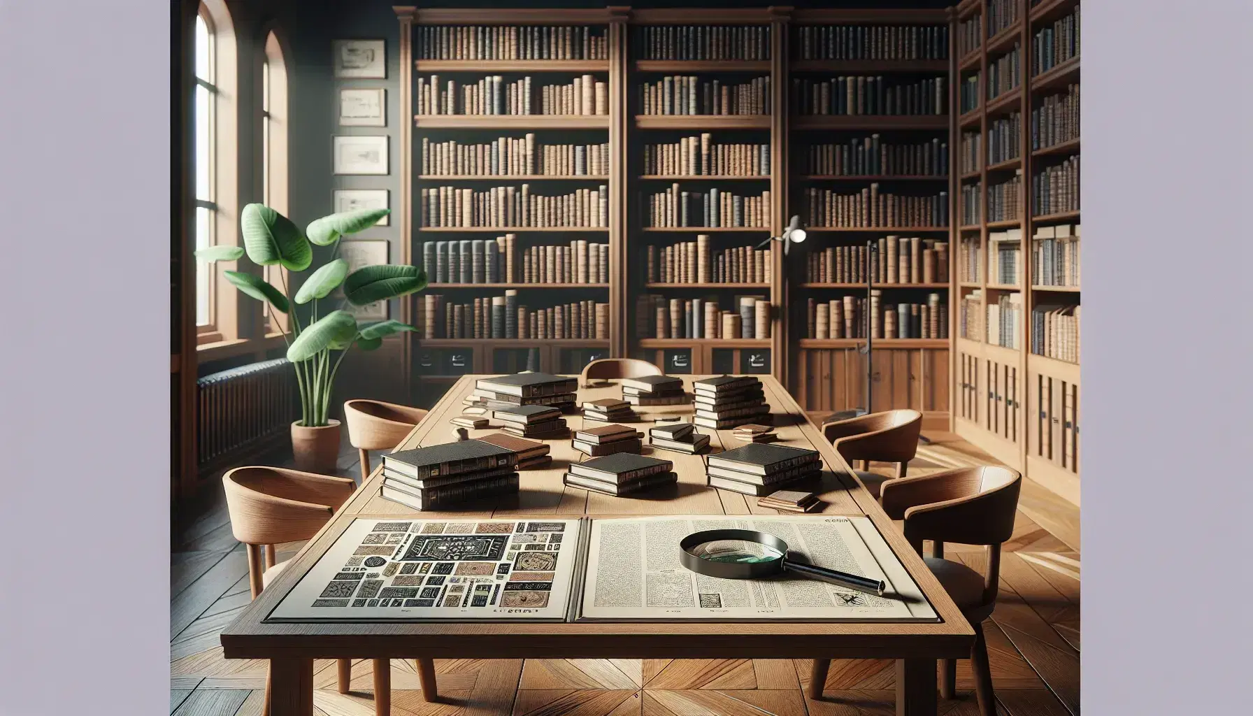 Biblioteca iluminada con estanterías de madera oscura llenas de libros, mesa central con libros abiertos y lupa sobre una página, sillas con cojines beige y planta verde al fondo.