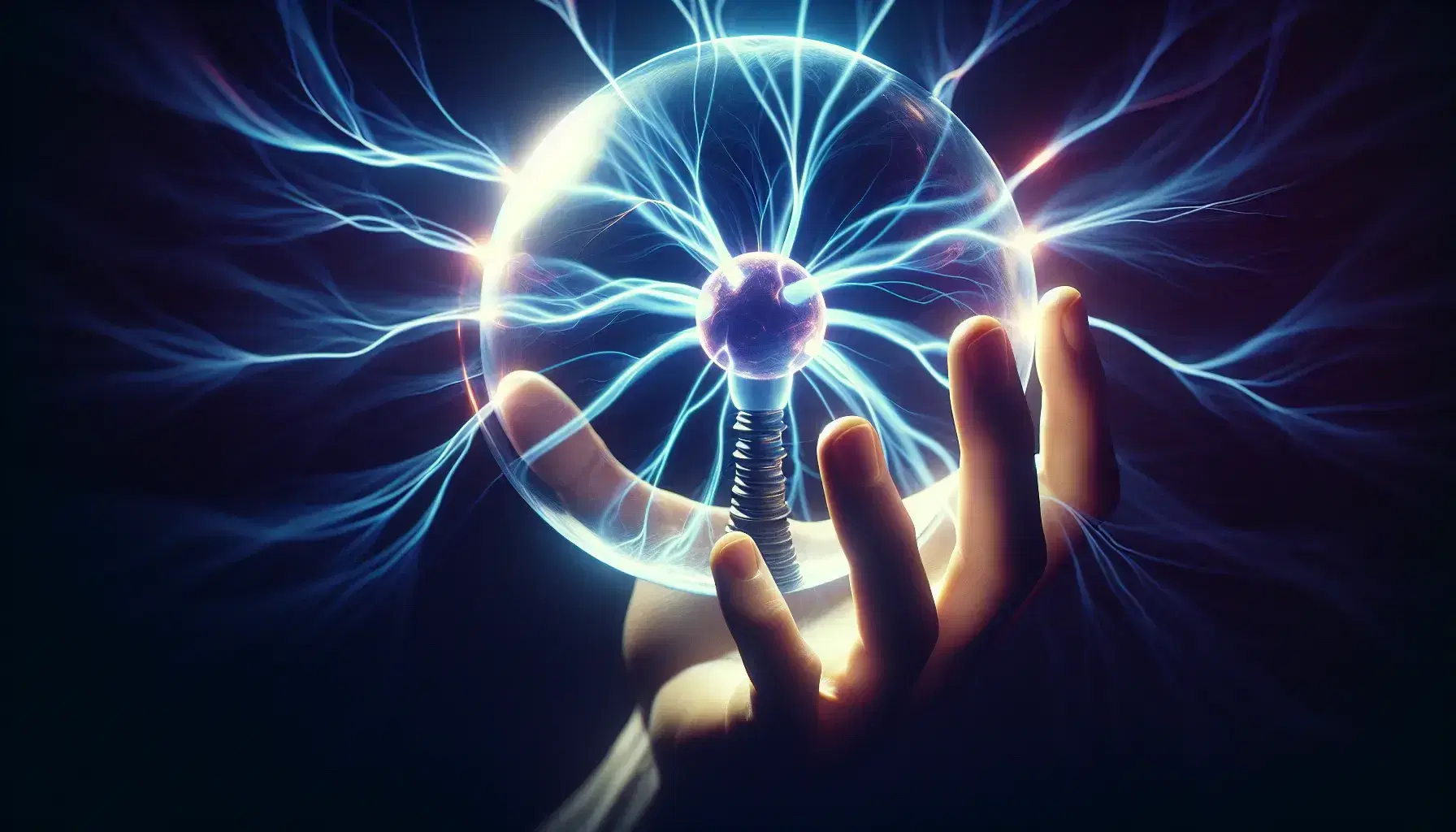 Mano sosteniendo esfera de plasma que emite destellos azules y morados, con filamentos de luz convergiendo en el centro en un fondo oscuro.