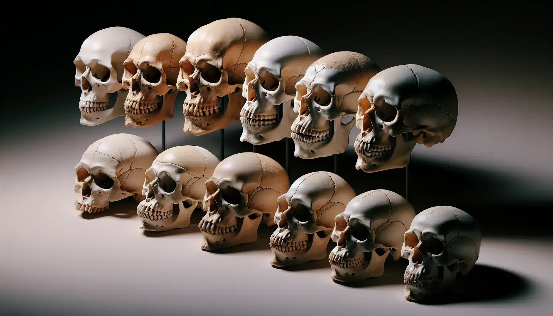 Secuencia de cráneos humanos que muestran la evolución desde homínidos antiguos hasta Homo sapiens, con incremento en tamaño y complejidad craneal.
