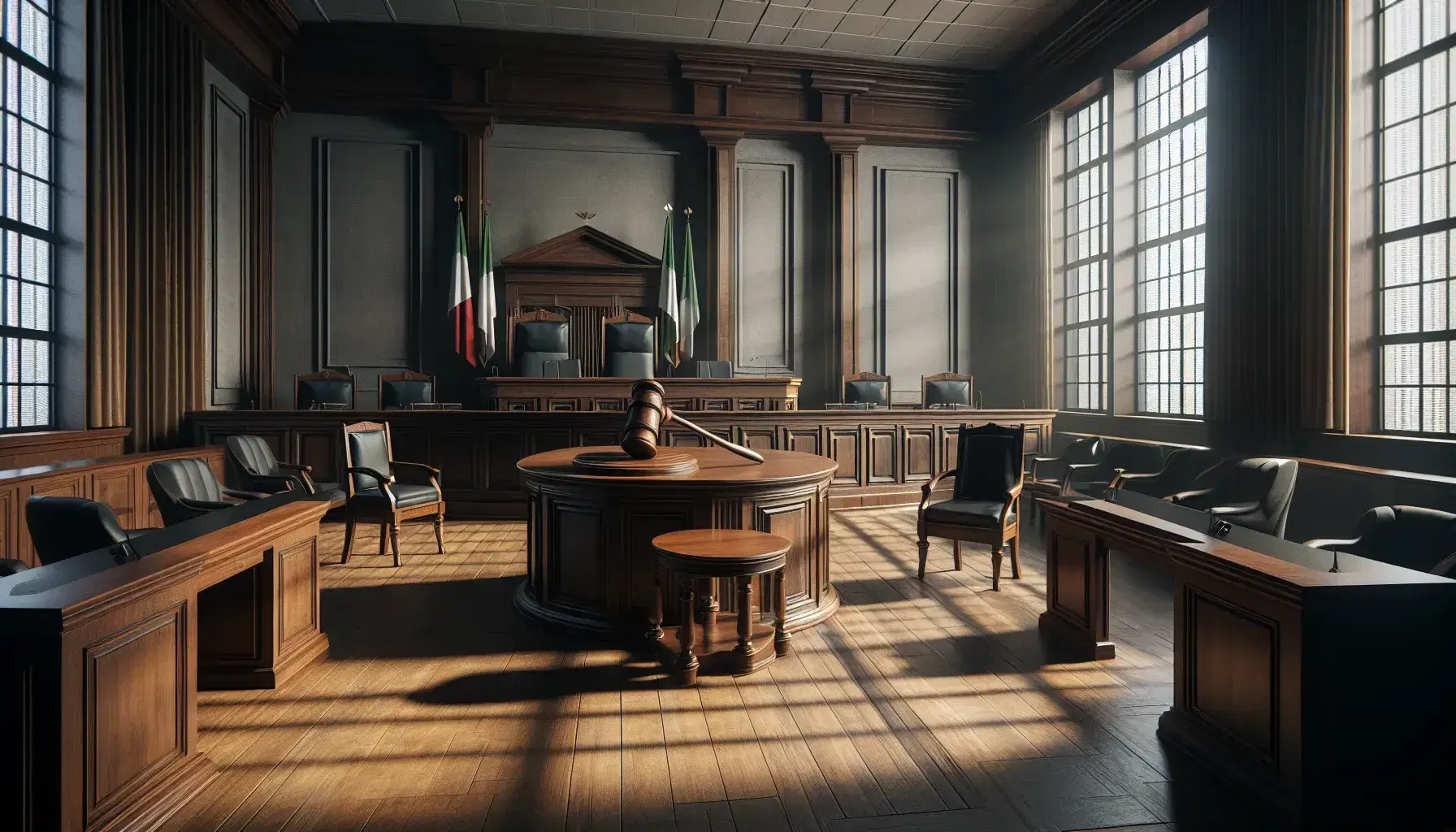 Aula di tribunale vuota con banco del giudice, martelletto, banchi avvocati, sedie testimoni e bandiera italiana.