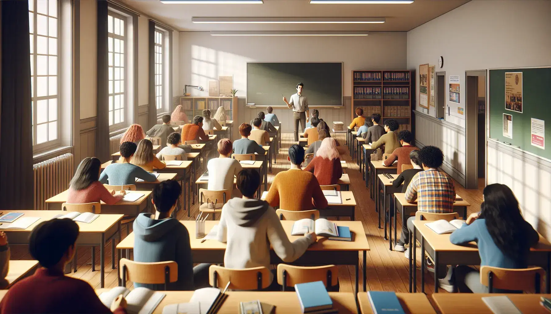 Diverse group of students in a Spanish classroom with wooden desks, attentive to a teacher by a chalkboard, in a well-lit, serene setting.
