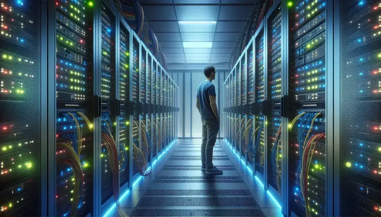Centro de datos con filas de servidores y cables de colores, iluminación LED azulada y figura humana revisando equipo.