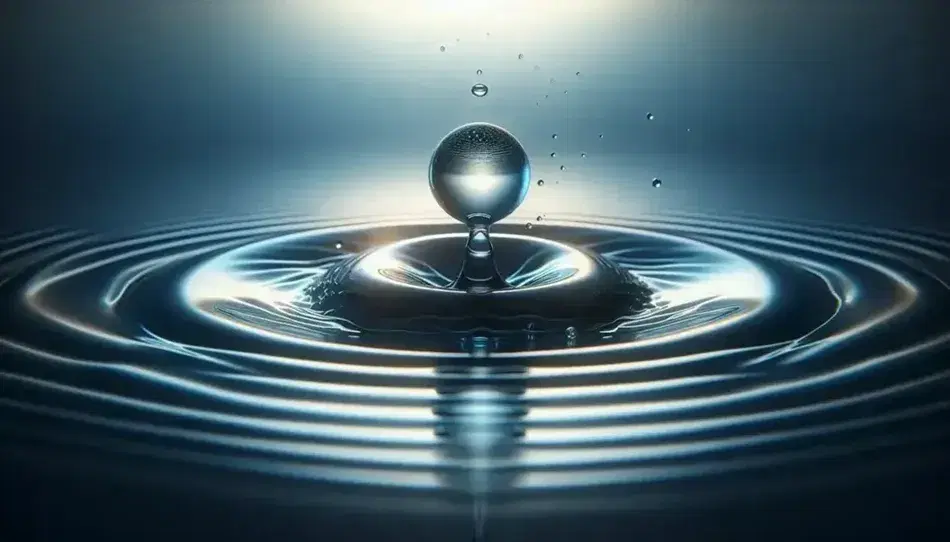 Gota de agua suspendida a punto de impactar en superficie acuática con ondas concéntricas, reflejo de luz y partículas menores alrededor, en un entorno natural.