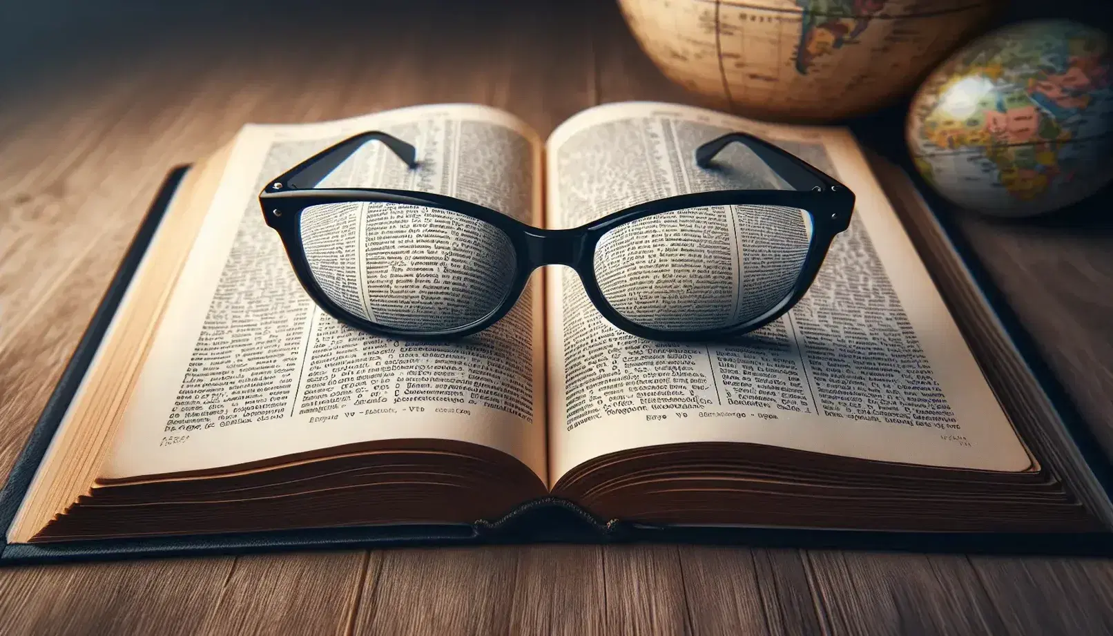 Close-up view of an open book with indistinct text and a two-column layout, black-framed eyeglasses on top, and a partial globe beside it on a wooden surface.