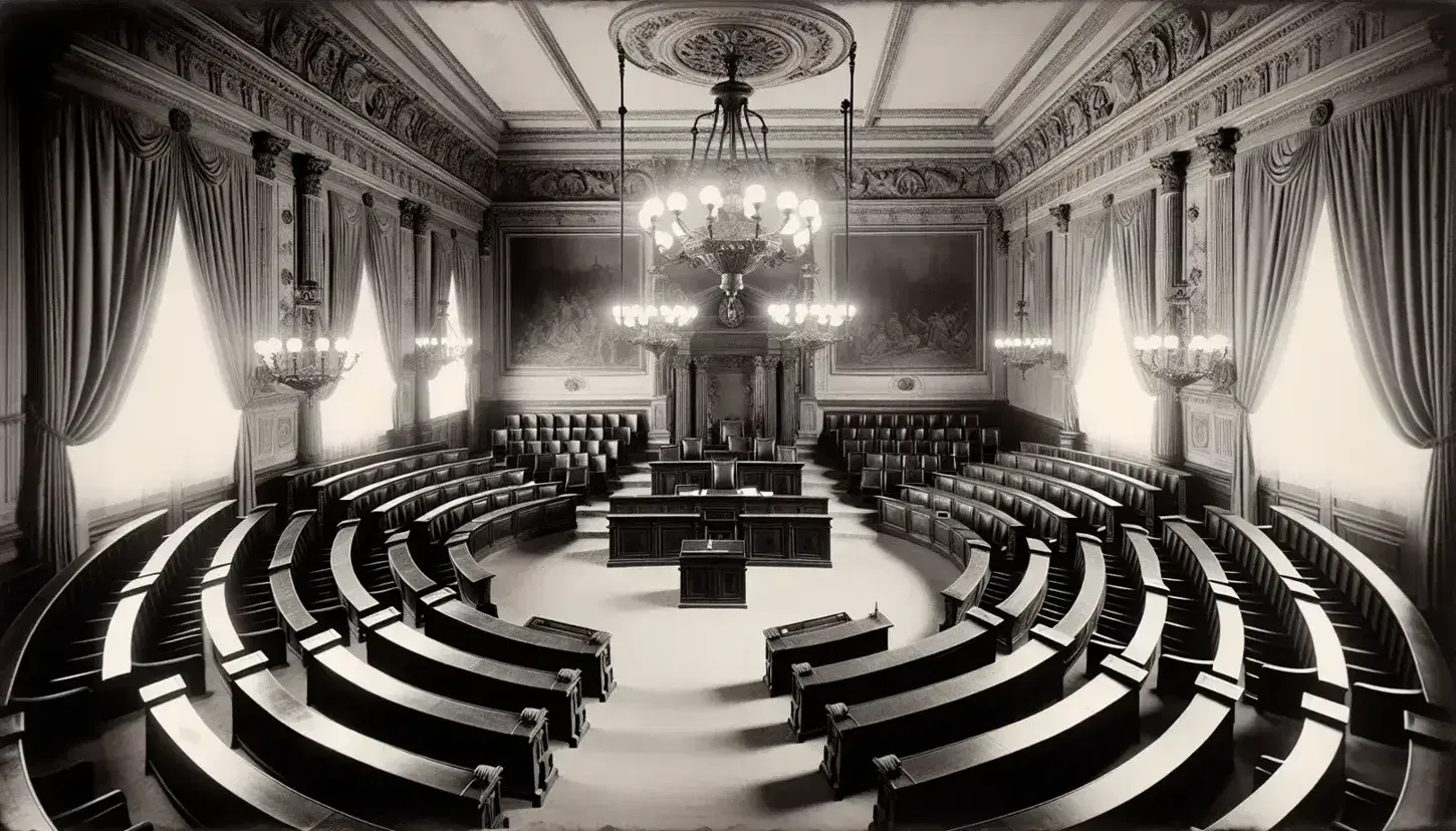 Aula parlamentare ottocentesca vuota con banchi in legno scuro, tribuna centrale e lampadari a braccio, pareti con tendaggi pesanti.