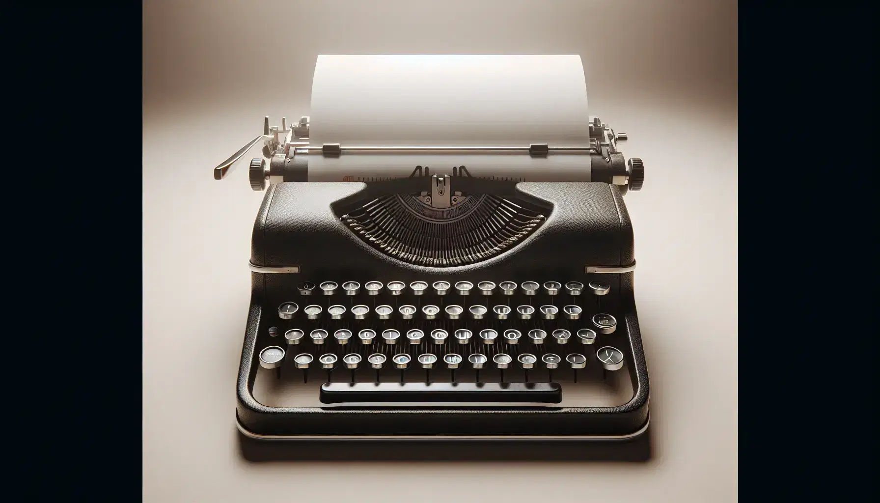 Vintage mid-20th-century typewriter with blank paper, QWERTY keys, and matte black finish against a neutral background, evoking classic writing.