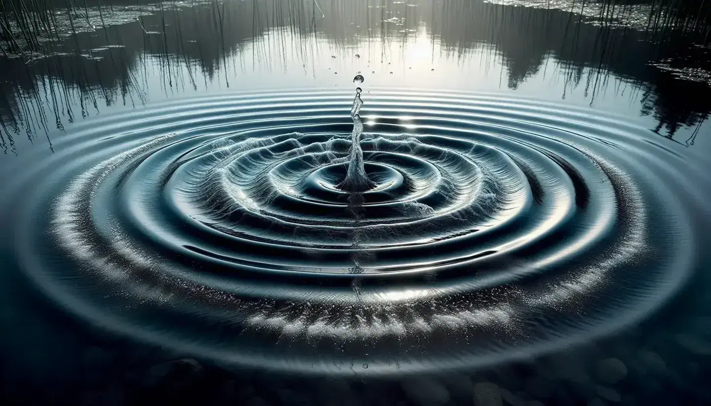 Ondas concéntricas en un estanque tranquilo con reflejos del sol, creadas por el impacto de una gota de agua, rodeadas de plantas acuáticas verdes.