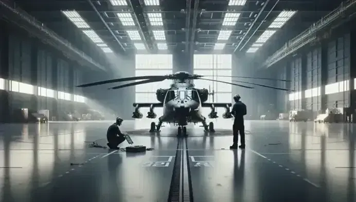 Helicóptero gris metálico en hangar iluminado con técnicos revisando datos en tablet, reflejando diseño aerodinámico y complejidad técnica.