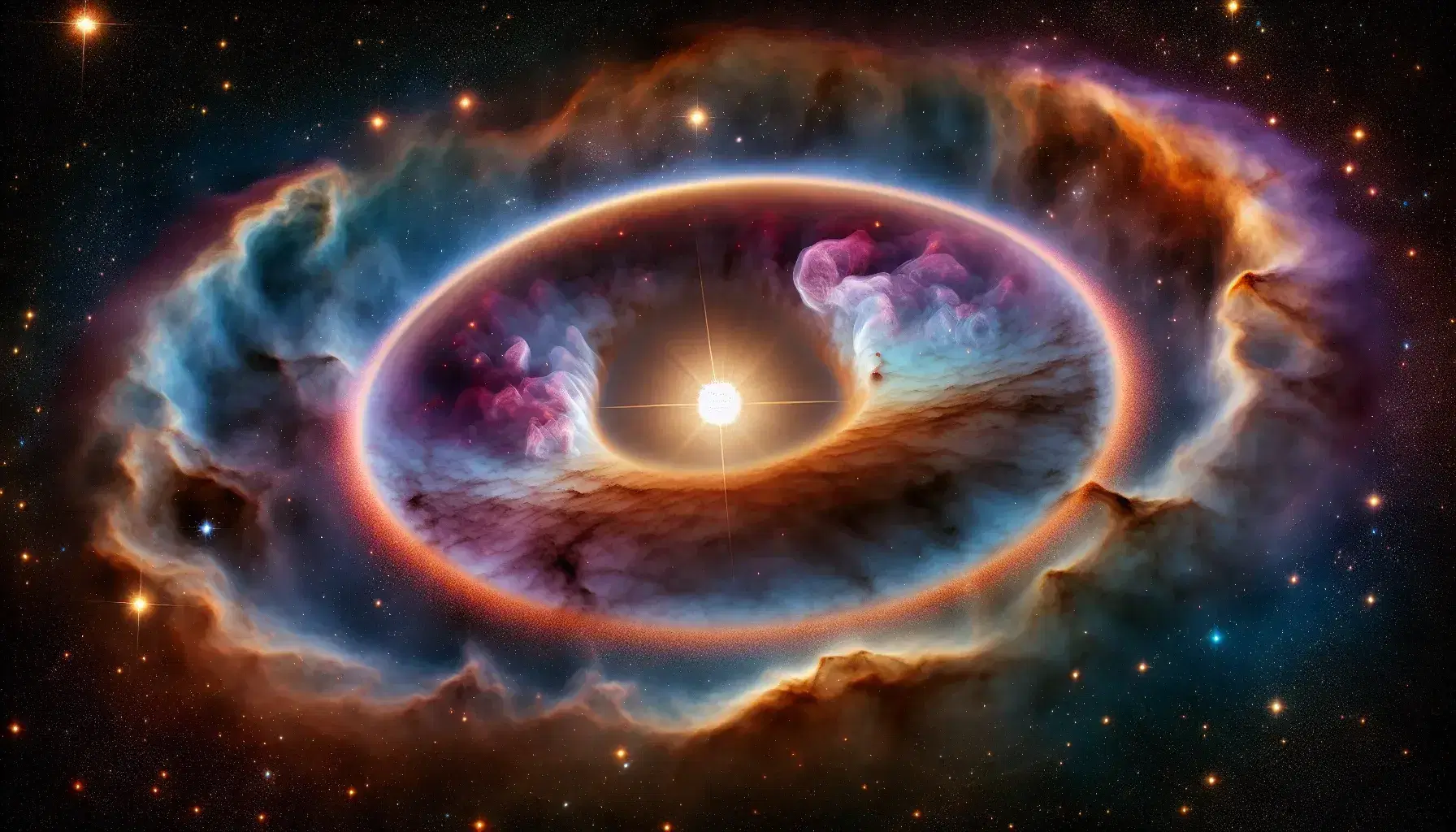 Nebulosa colorida con tonos azules, púrpuras y rosas en el espacio y disco protoplanetario marrón alrededor de una estrella brillante con puntos que sugieren planetas formándose.