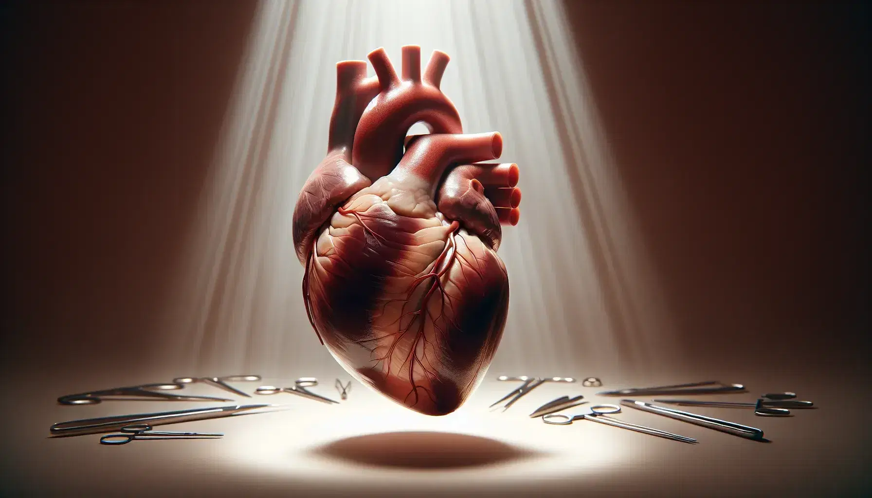 Cuore umano reale in vista frontale con vasi principali su sfondo neutro, strumenti chirurgici sfocati in basso, illuminazione dall'alto.