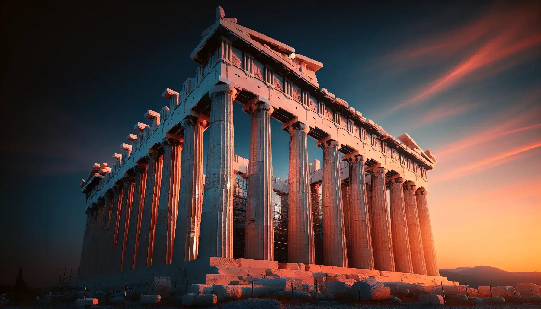 Il Partenone in Grecia al tramonto, con colonne doriche e sfumature arancioni e rosa nel cielo che riflettono sulla facciata.