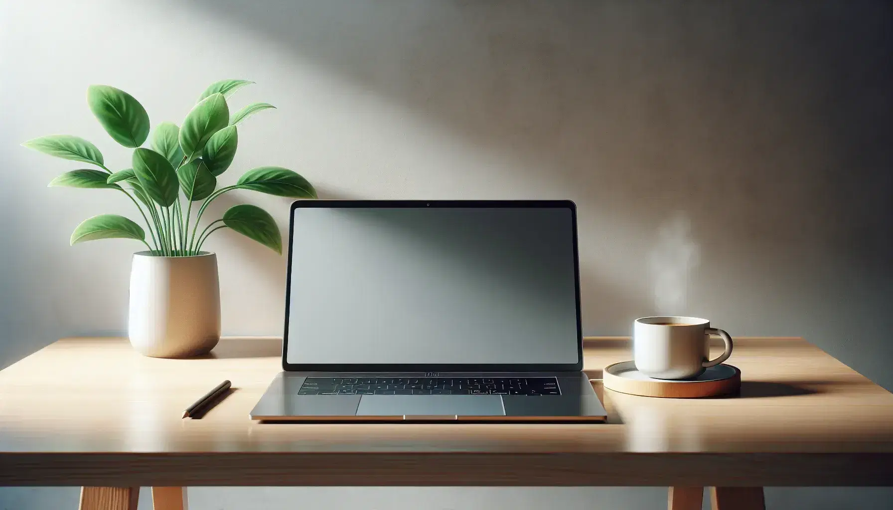 Modern workspace with wooden desk, silver laptop on, green plant and cup of steaming coffee on neutral gray background.