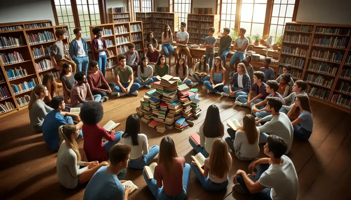 Grupo diverso de estudiantes sentados en círculo en una biblioteca escolar, discutiendo activamente con libros apilados en el centro, en un ambiente iluminado por luz natural.