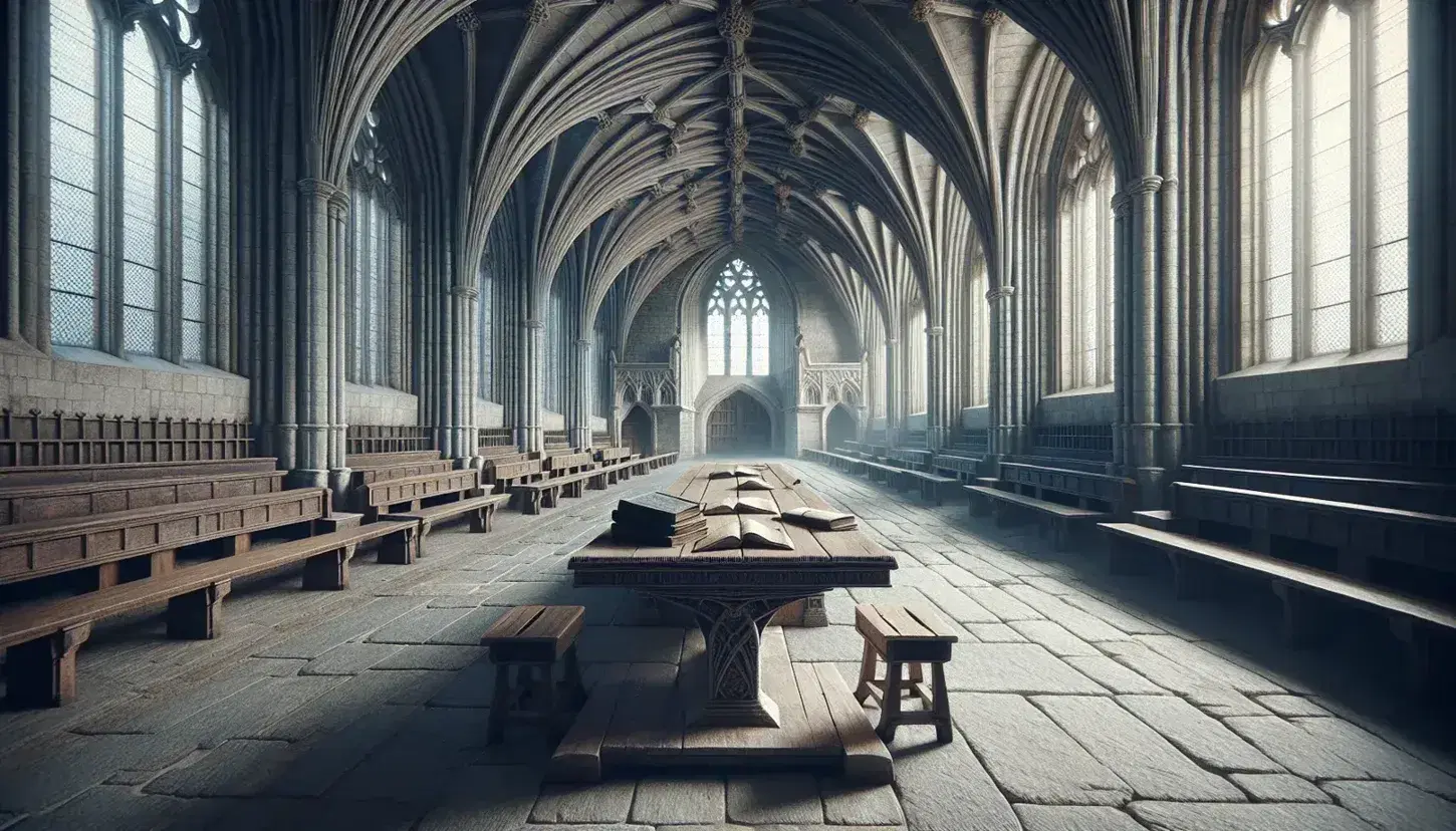Medieval lecture hall with stone columns, arched windows, wooden table and benches, ornate chair on platform, open books, and statue-lined walls.