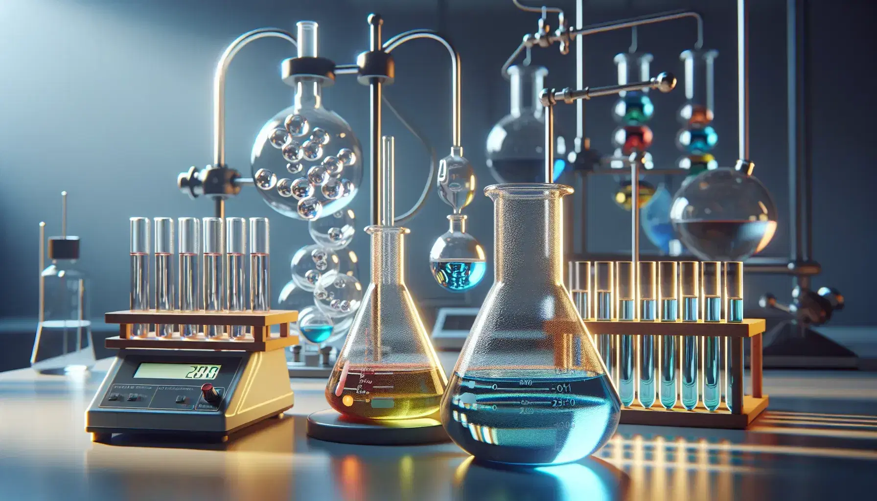 Laboratorio de química con matraces Erlenmeyer con líquidos azul y amarillo, tubos de ensayo con soluciones de colores, un condensador de reflujo y un mechero Bunsen apagado.