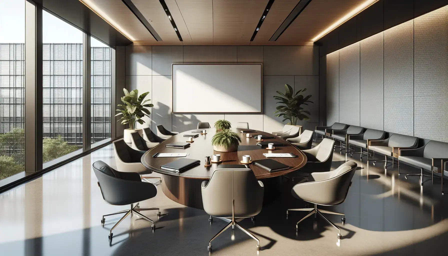 Sala de conferencias moderna con mesa ovalada de madera, sillas ergonómicas grises, portafolios y tazas, pizarra blanca y ventana con vista a edificios.